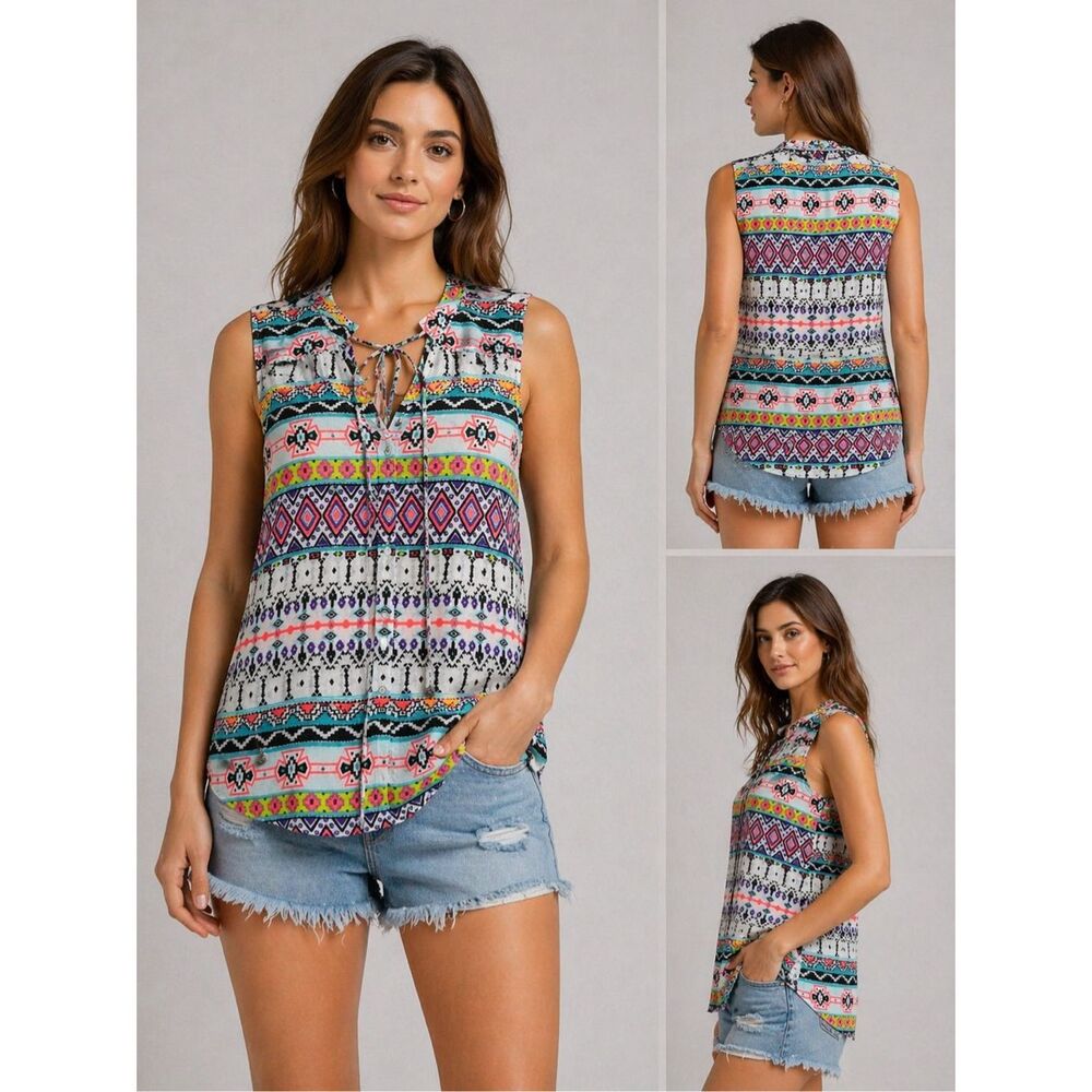 FAMOUS Sleeveless Boho Tribal Print Blouse Top Size S Lightweight Sheer Summer